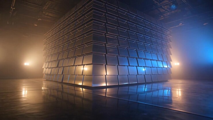 Mostrando un cubo luminoso mentre le retroilluminazioni si alzano e la telecamera si avvicina per mostrare il riflesso in studio.