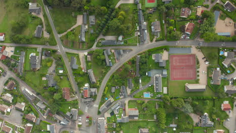 Suburban-Area-Small-Town-in-Europe,-Wide-Aerial-Birds-Eye-Establishing-Shot,-Summer