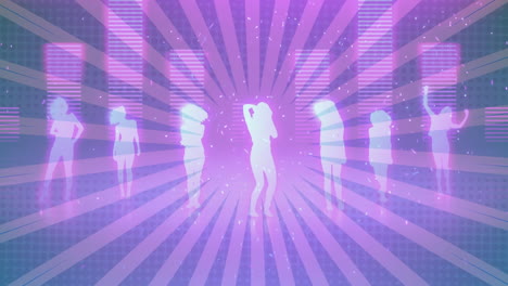 animation of several silhouettes dancing on a pink equalizer on a purple rotating background