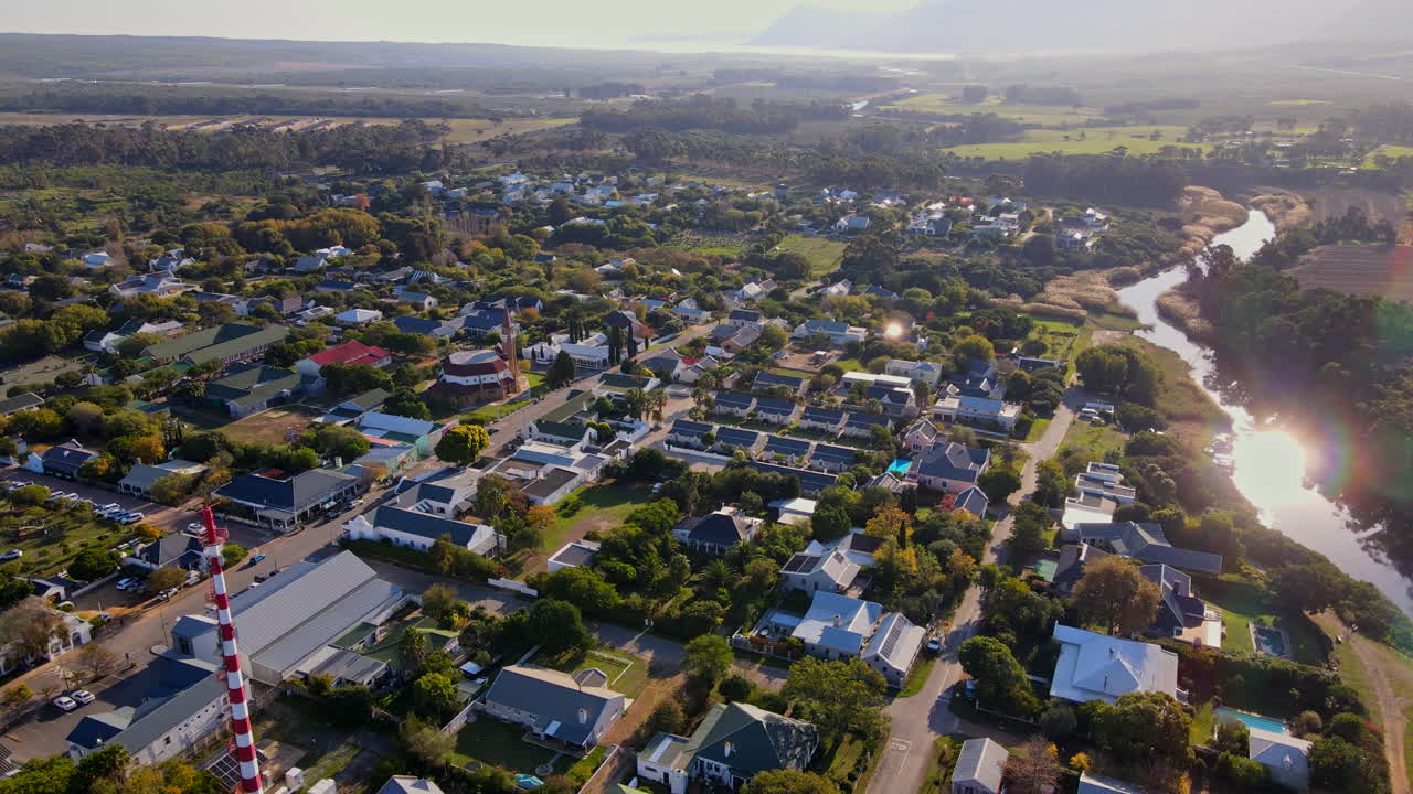 Klein River in Stanford in Overberg snaking through countryside, sunset aerial