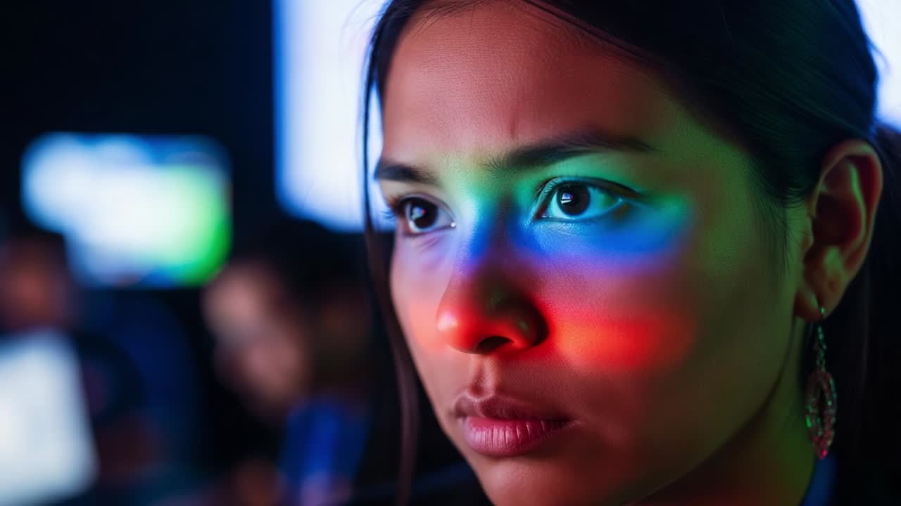A Close-Up Exploration of a Woman's Expression Captured Through Vibrant Light Reflections, Showcasing the Intricacies of Emotion and Color in a Modern Visual Environment