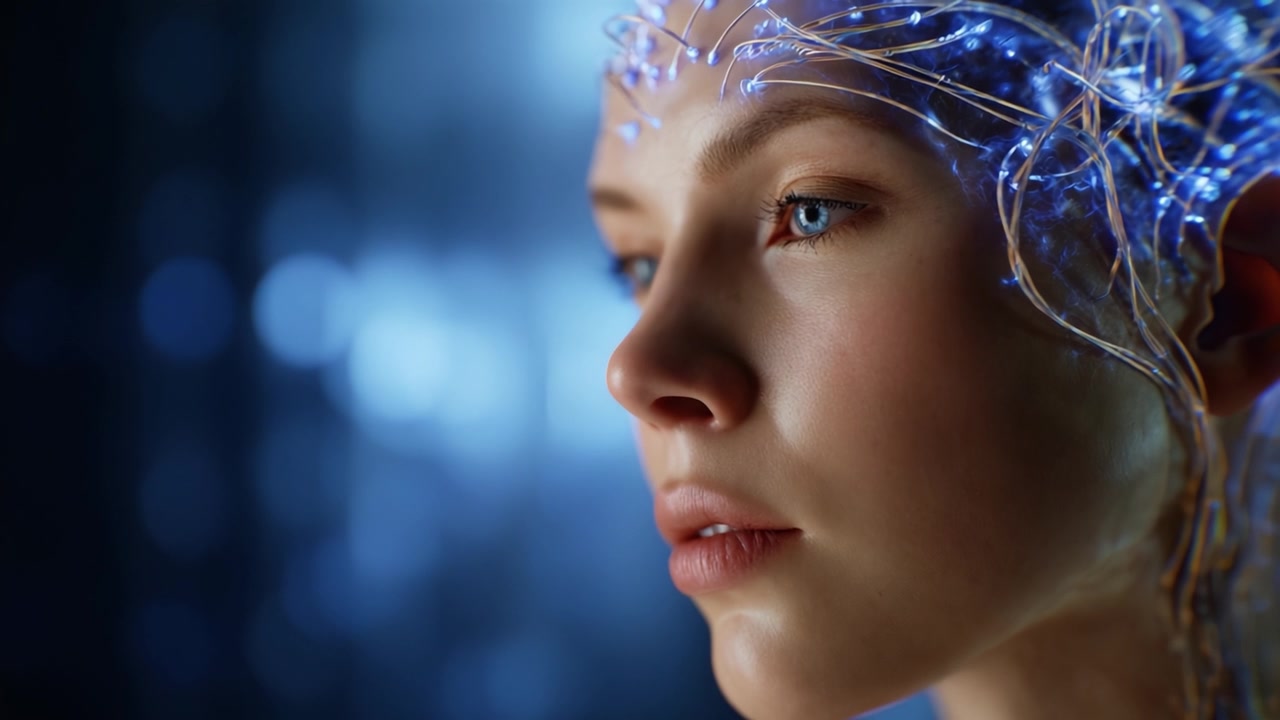 A futuristic portrayal of a young woman with luminous, bioluminescent tendrils resembling circuitry connected to her head, radiating with a captivating glow in a digital landscape.