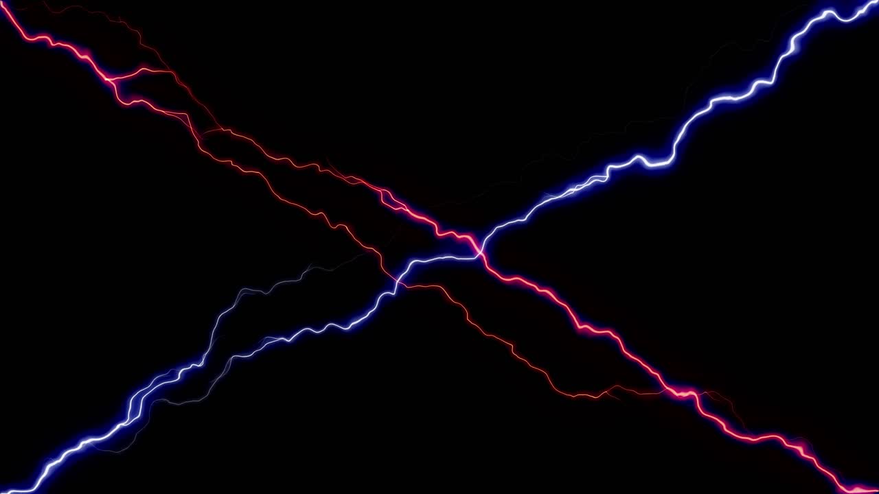 Two bolts of energy, one blue and one red, clash and crackle in an X-shape. Seamless loop for concepts of power, conflict, versus, or magic. Isolated on black background for overlay