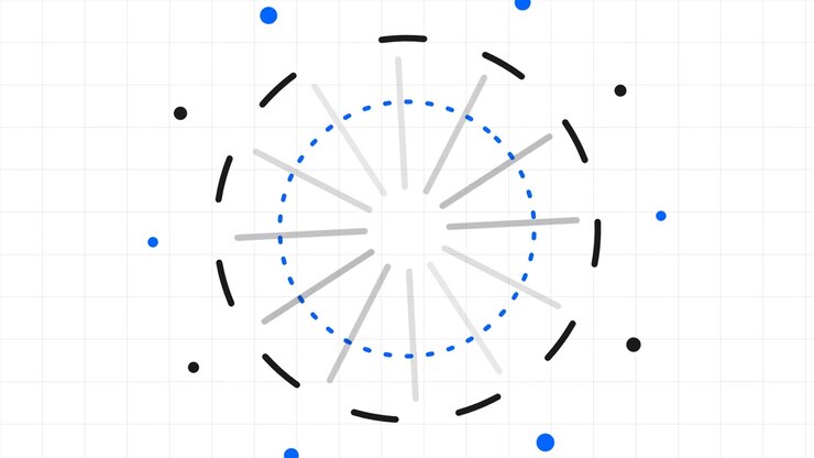 Animação de carregamento circular abstrata com linhas e pontos geométricos