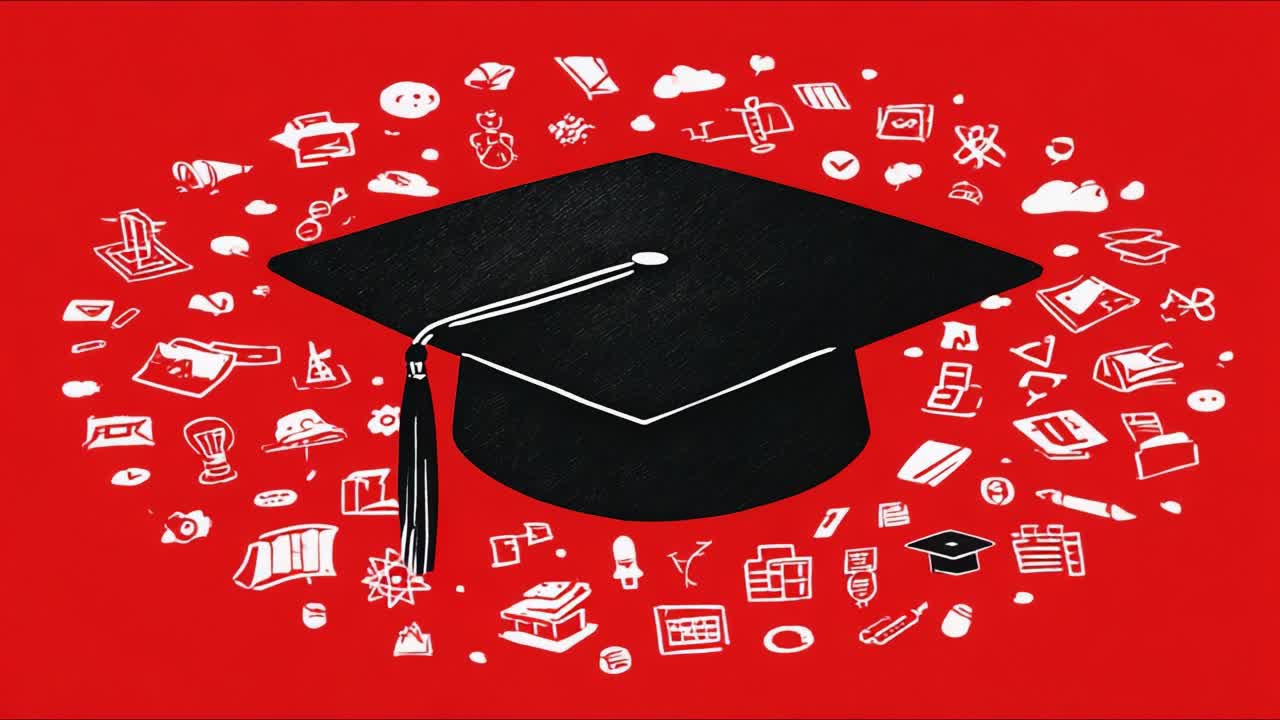 A Vibrant Graduation Theme Embellished with Educational Icons Surrounding a Classic Mortarboard Cap on a Bright Background, Celebrating Achievement and Knowledge Acquisition