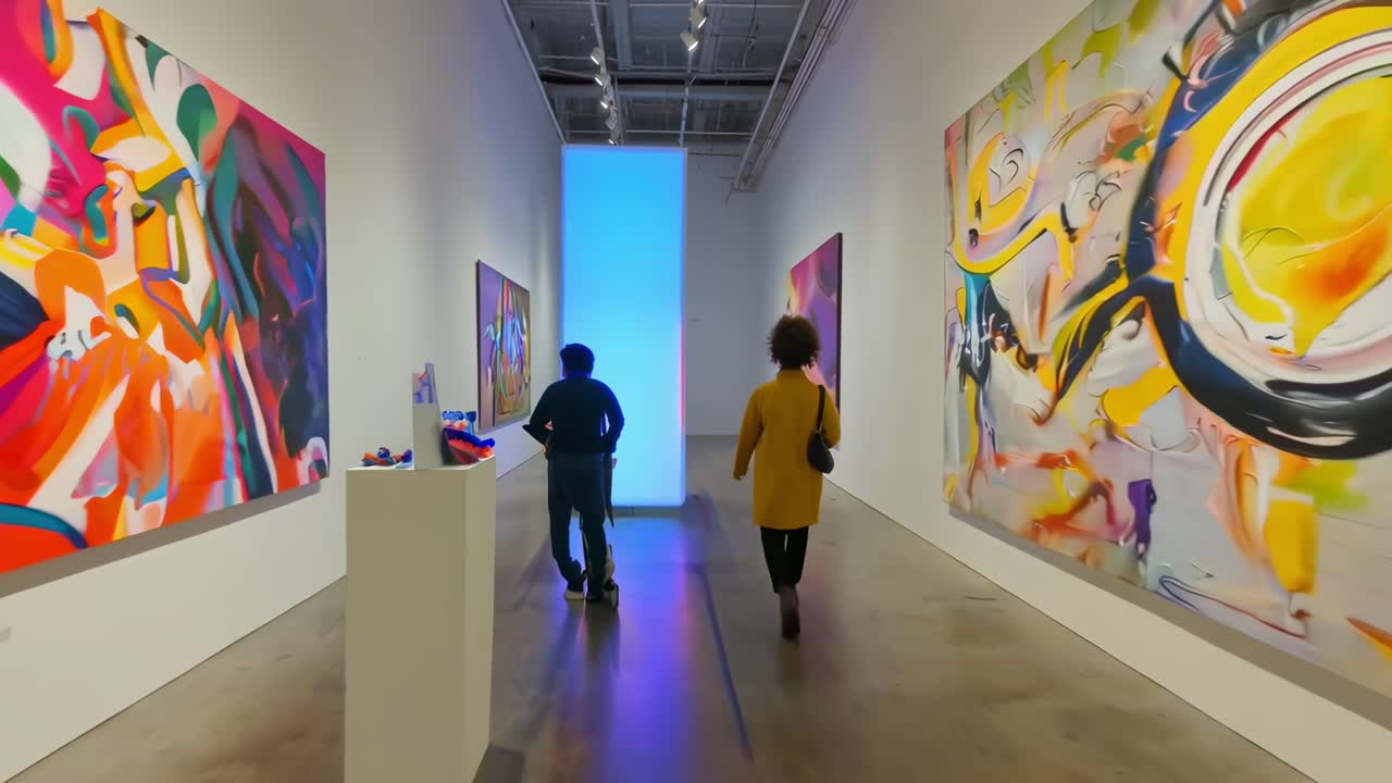 Wide-angle video of a modern art gallery, showcasing vibrant abstract paintings on white walls