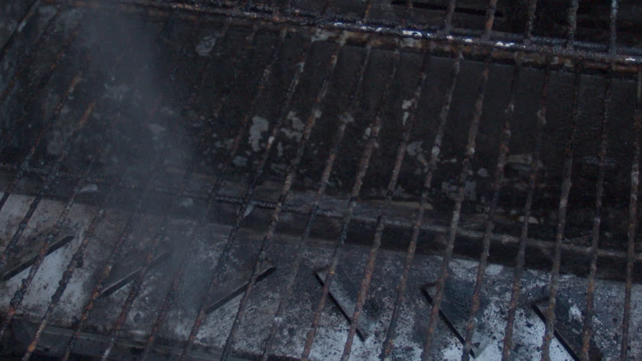 Cleaner being sprayed on dirty barbecue rosters in slow motion