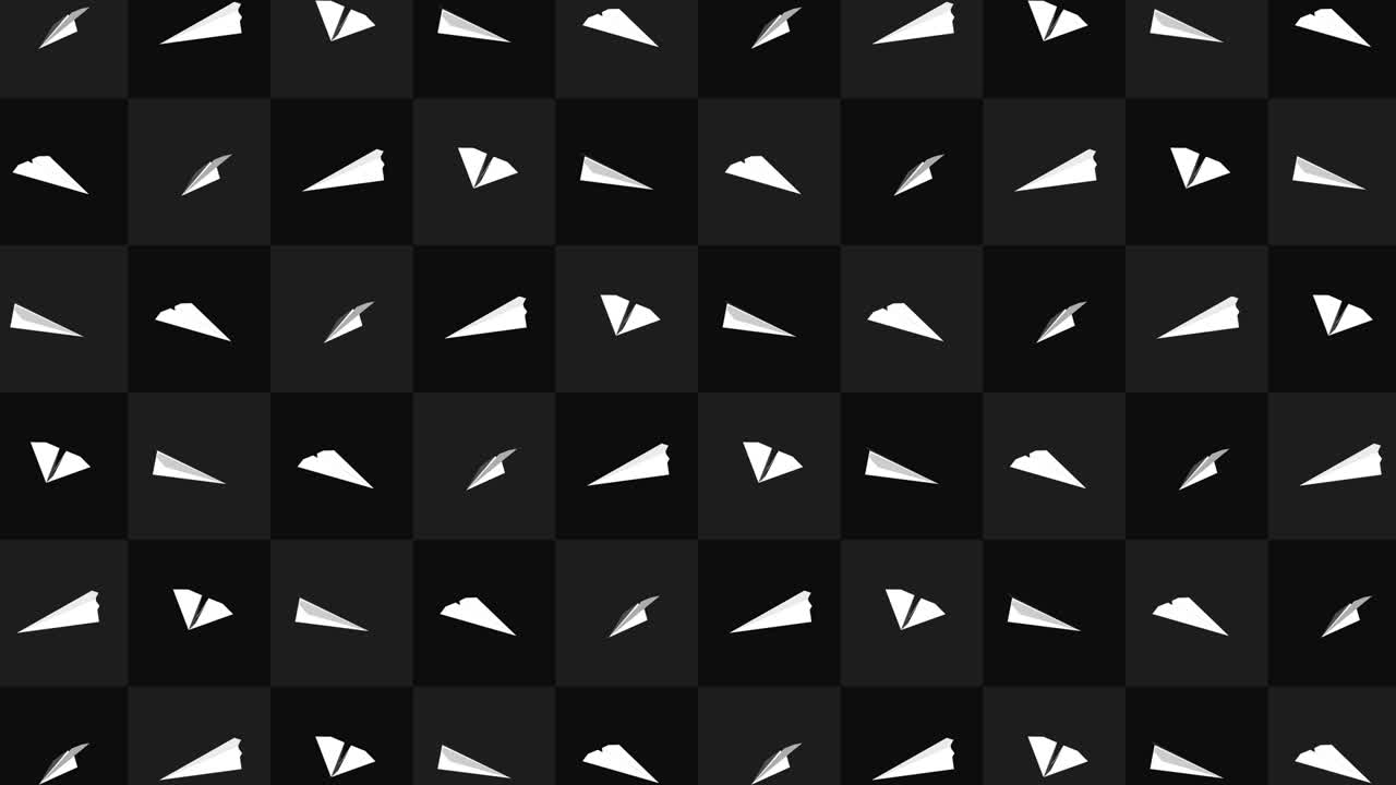 Collezione di aeroplanini di carta fatti a mano. Animazione in loop di aeroplanini di carta bianchi che volano su sfondo nero. Concetto di connessione aziendale. Aeroplanino origami che vola