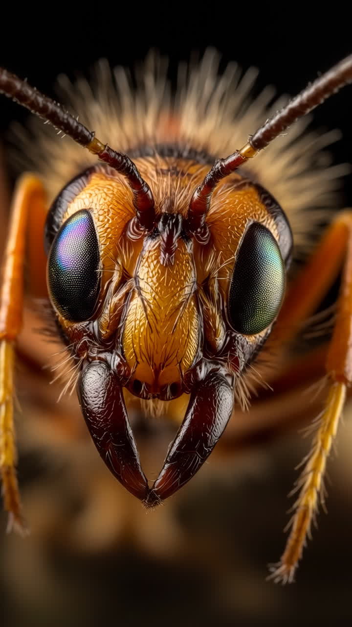 Extreme Macro Close-up of an Insect's Head with Iridescent Compound Eyes
