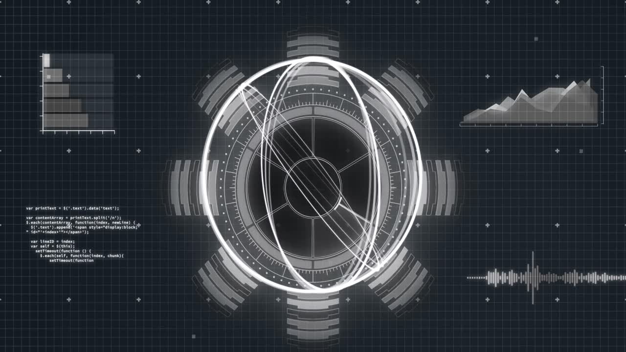 Animation of data processing over globe spinning and grid in background