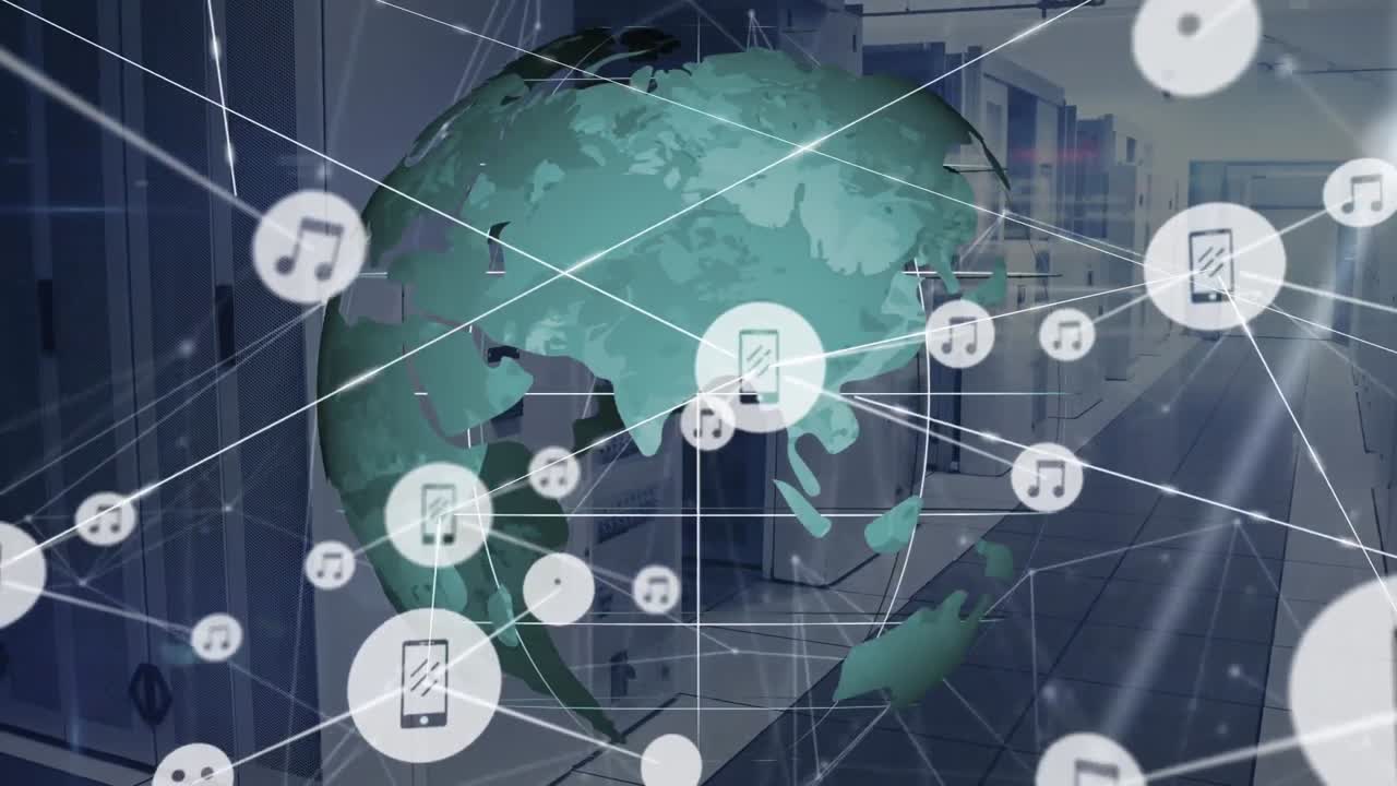 서버  ⁇  위에 아이콘과 글로브로 연결된 네트워크의 애니메이션