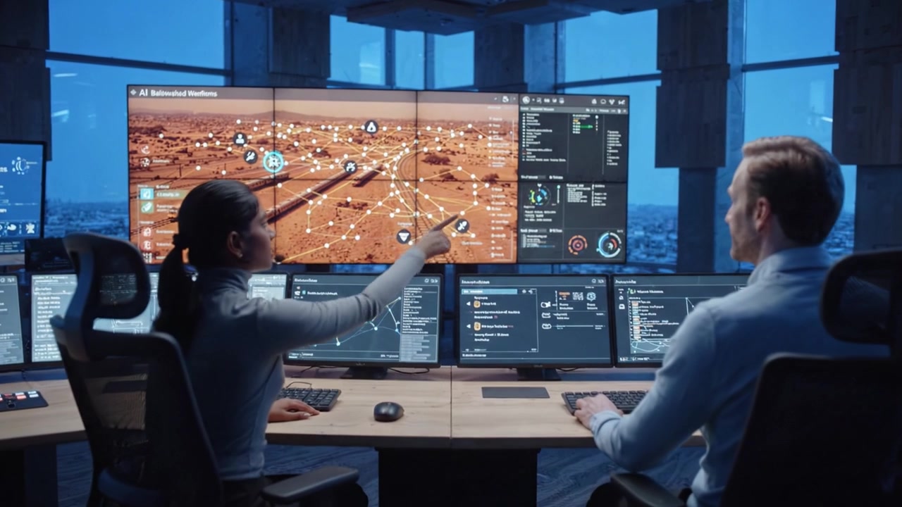 Sala di controllo avanzata con personale che analizza complesse visualizzazioni di dati su schermi multipli in un ambiente ad alta tecnologia al tramonto con vista sulla città.