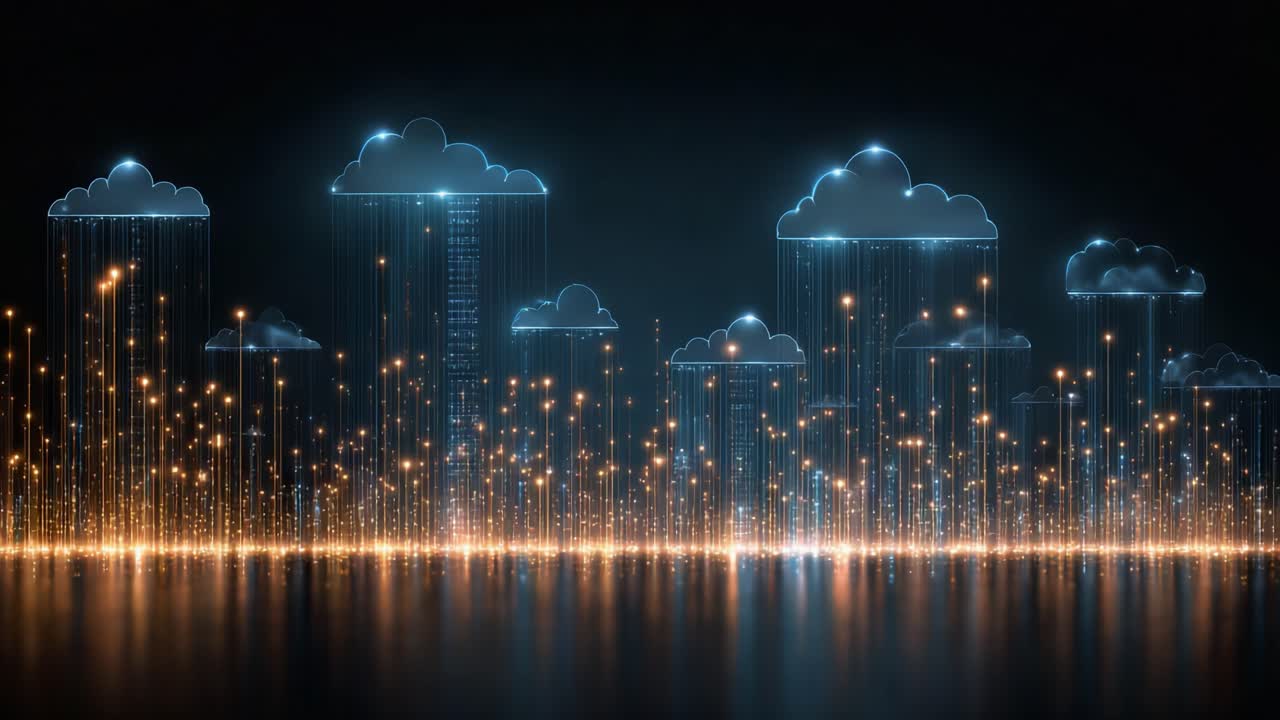A Stunning Visualization of Data Flow with Glowing Clouds and Digital Rain, Representing Connectivity and Information in a Modern Digital Landscape
