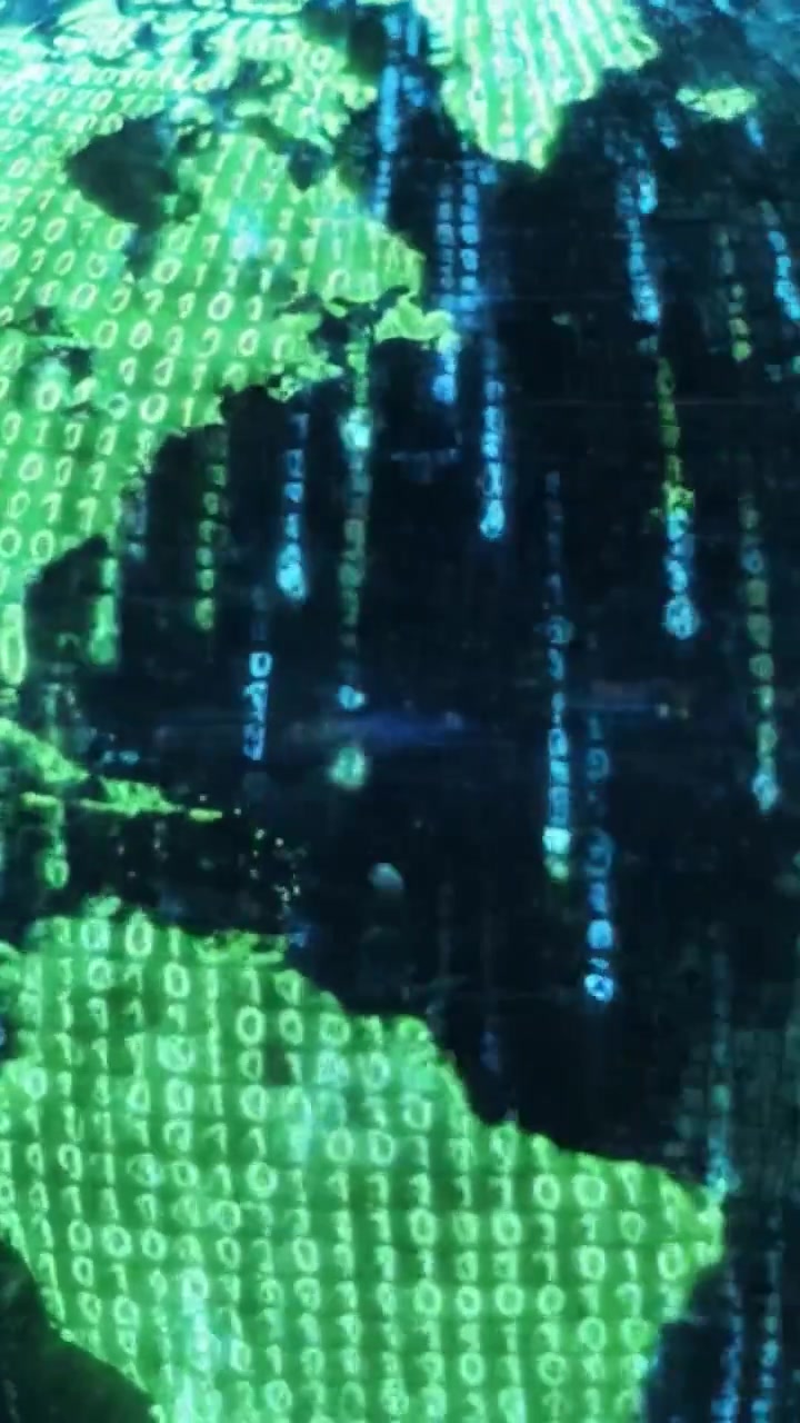 A Striking Visualization of Earth Encoded in Digital Binary Data, Highlighting the Interconnection of Technology and Geography in a Futuristic Setting