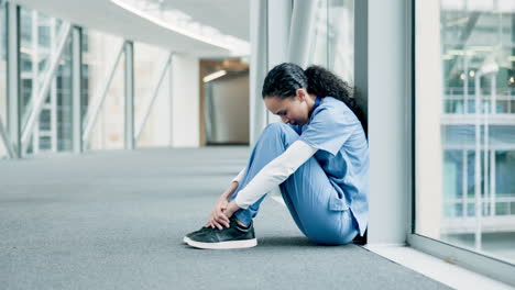 Sad,-nurse--and-woman-by-window-with-stress