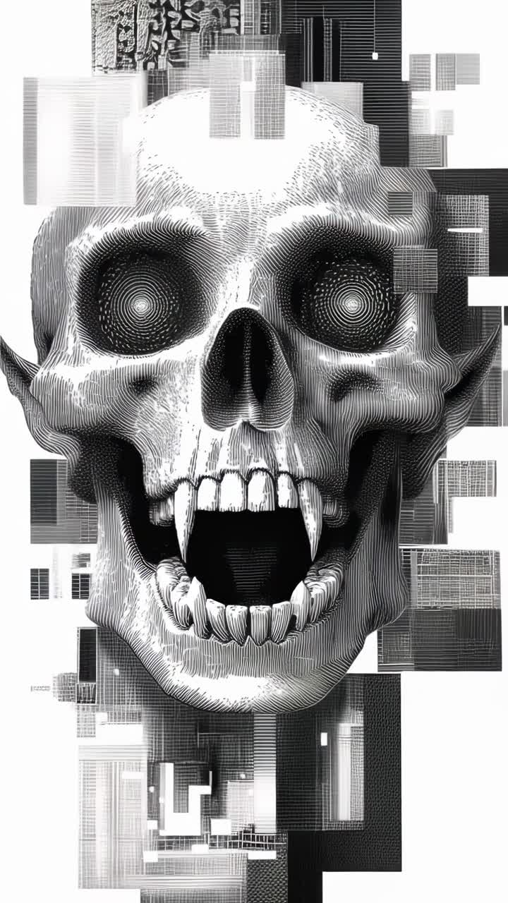 Arte Glitch Animada de Crânio de Vampiro em Preto e Branco