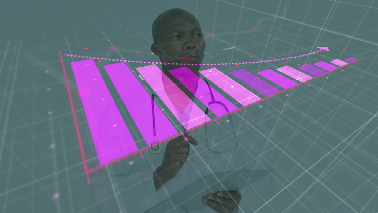 Animation of data processing with graph over african american male doctor taking notes