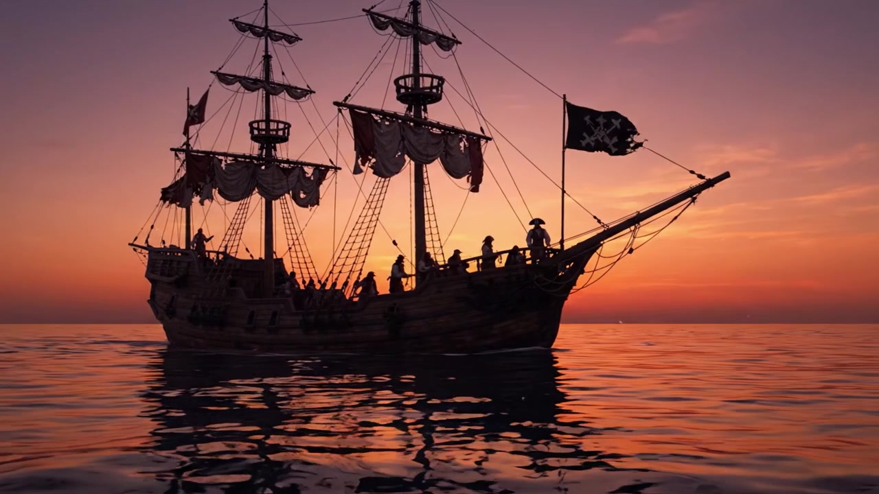 Um Majestoso Navio Pirata Navega por um Mar Tranquilo Durante um Pôr do Sol Deslumbrante, Exibindo seu Aparelhamento Detalhado e as Silhuetas dos Tripulantes Contra Cores Vibrantes do Céu