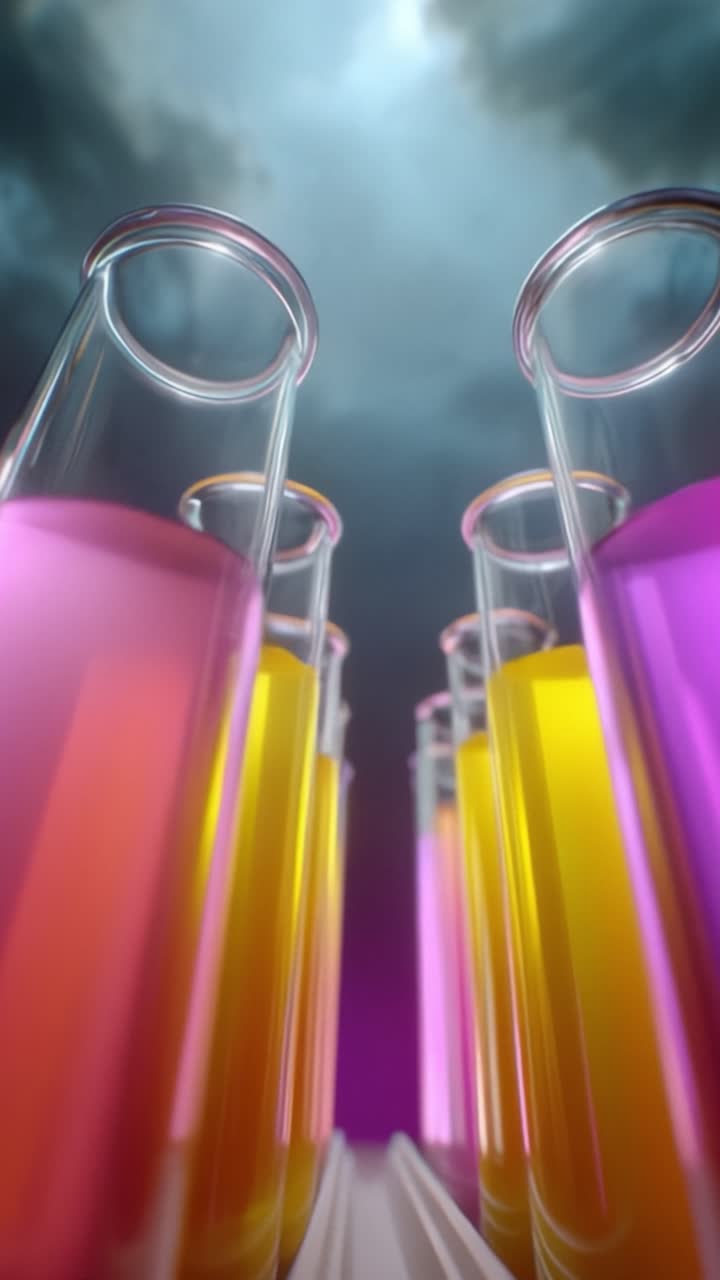 Tubos de ensaio coloridos de laboratório com líquidos vibrantes sob iluminação dramática em um cenário de experimento científico.