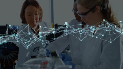 Scientists-working-in-laboratory-with-network-connections-and-data-processing-animation