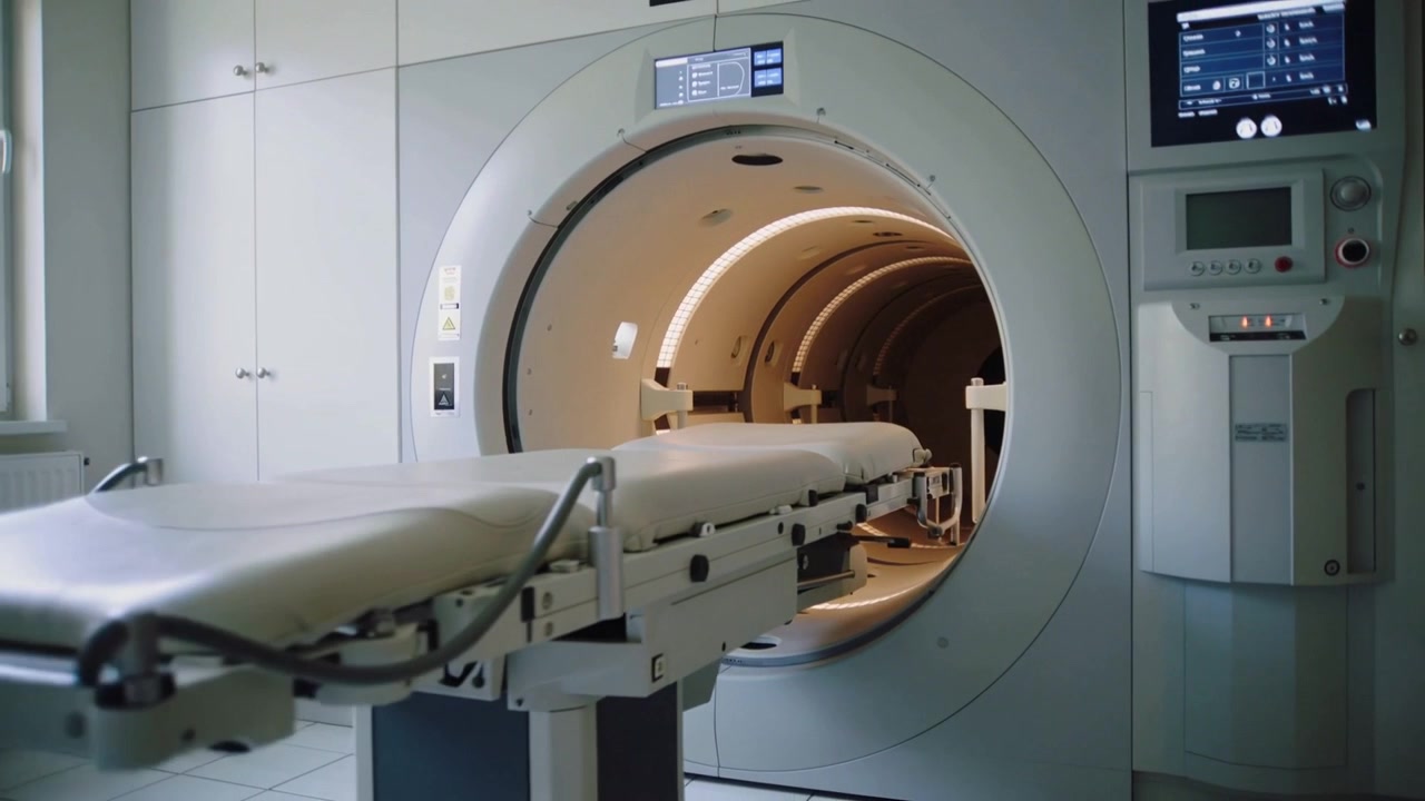 Console che invia un comando, facendo scorrere il lettino motorizzato del paziente dal gantry nella sala di scansione, con il foro illuminato.