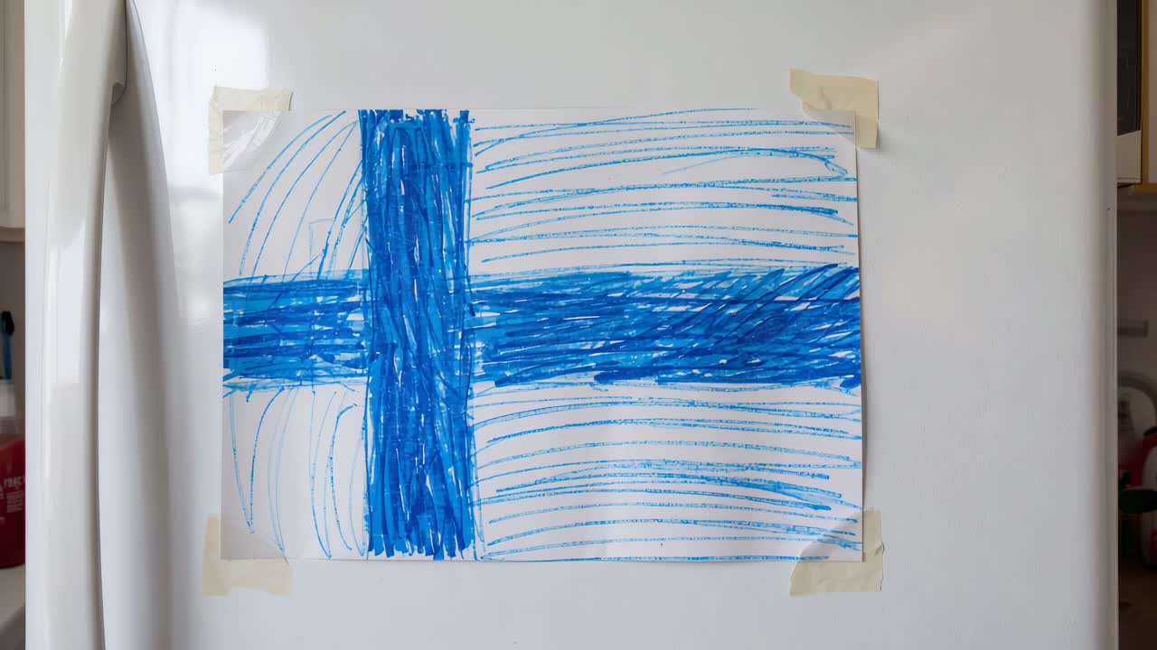 Camera shifting right and up in kitchen, showing blue-cross paper taped with masking tape on fridge