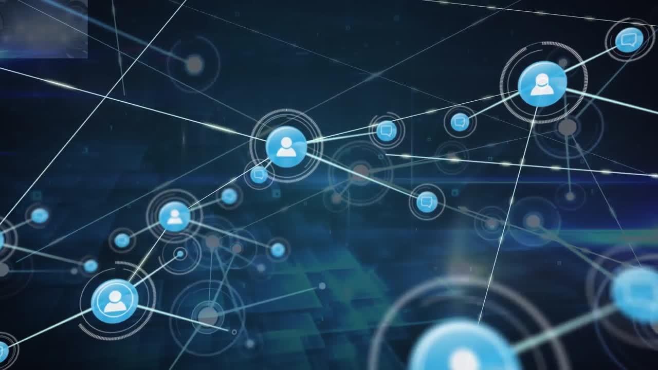 animación de iconos conectados con líneas sobre las bengalas de la lente contra un fondo abstracto