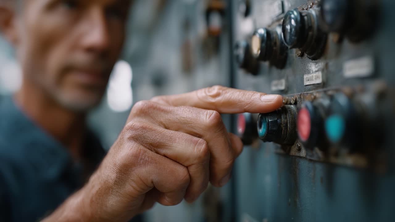 A focused hand interacts with complex machinery, highlighting the intricate balance between human operation and mechanical functionality in an industrial setting