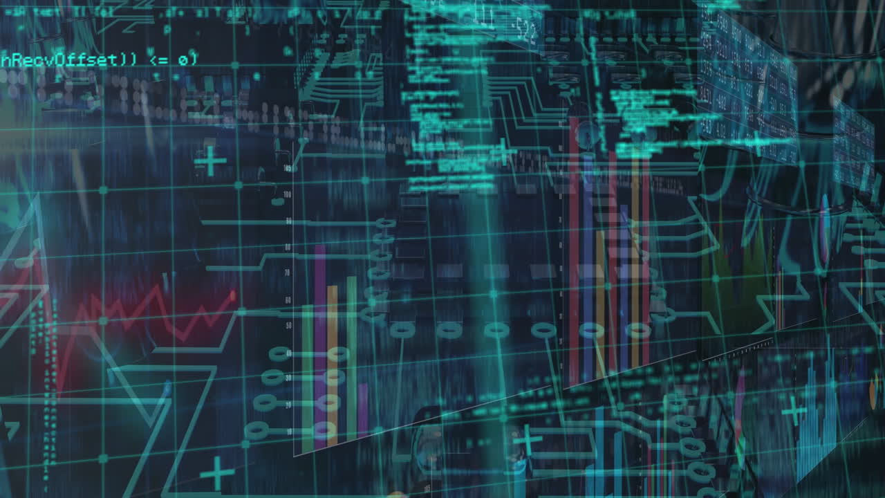 Animation of digital data visualization with graphs and circuit patterns