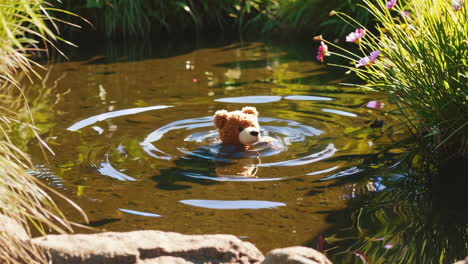 teddy bear floating in a pond
