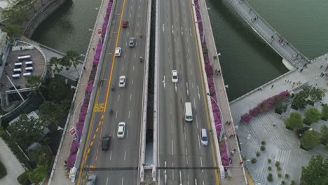 aerial view of a city bridge with traffic and people