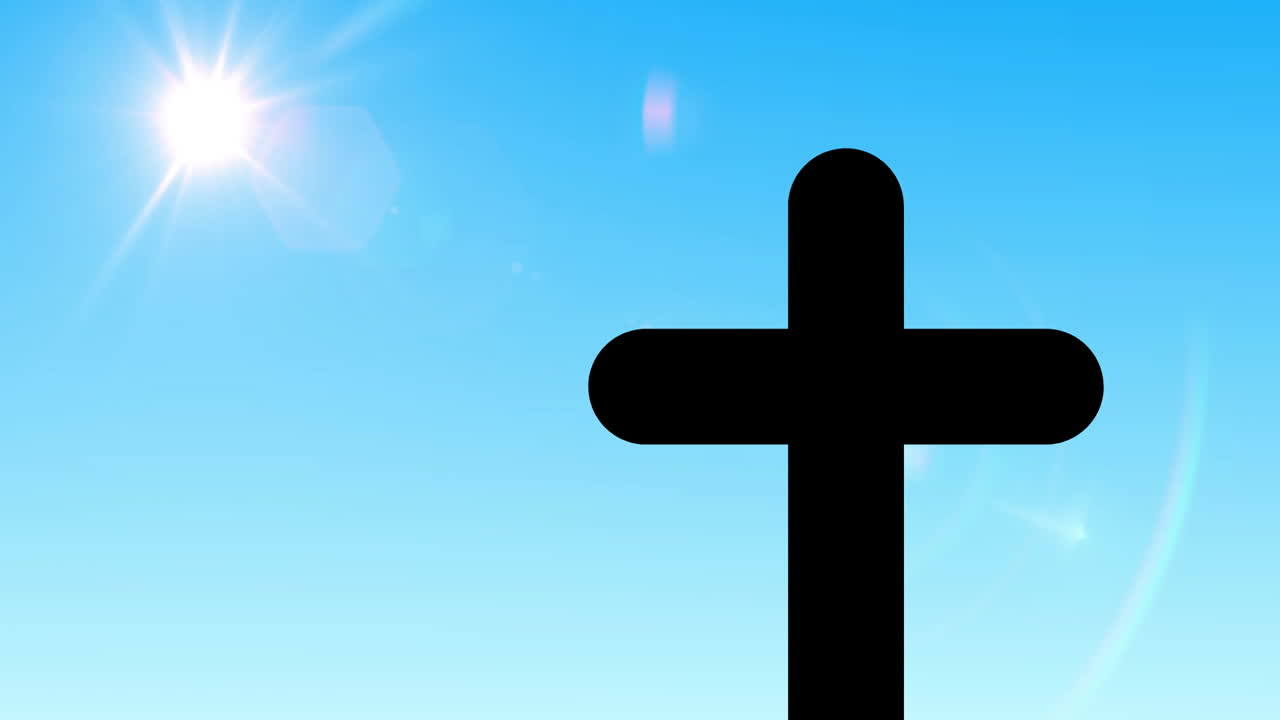 Cross silhouette against bright blue sky with sun flare animation effect