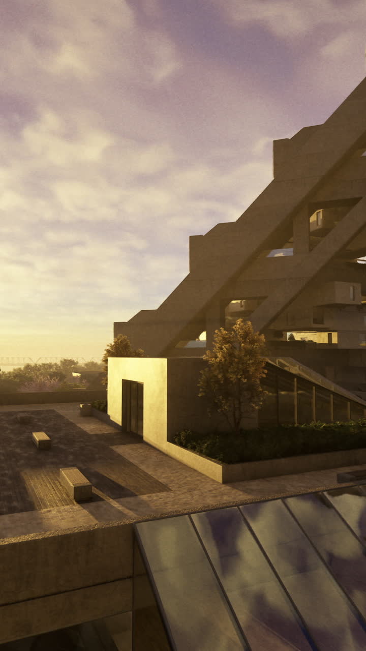 Modern architectural design overlooking a serene landscape at sunset