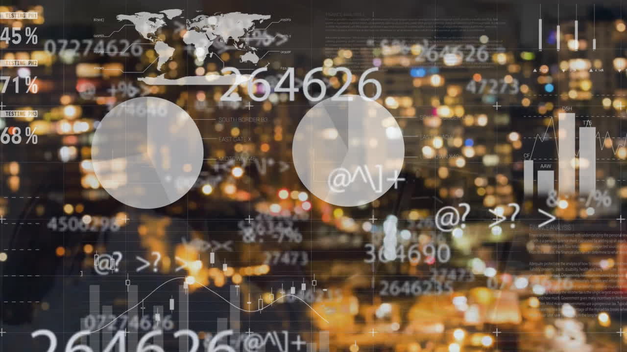 도시 풍경 위의 금융 데이터 처리 애니메이션