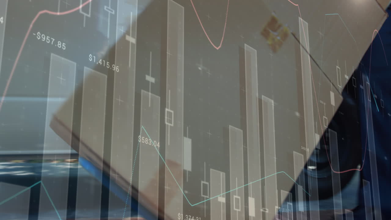 animación de datos financieros sobre un mensajero caucásico desempaquetando el coche
