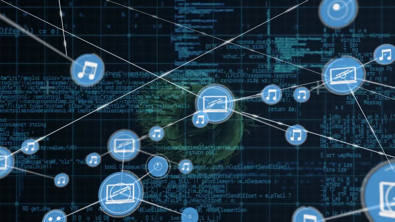 디지털 아이콘의 네트워크와 코로나19에 대한 데이터 처리 세포가 파란색 배경에 회전합니다.