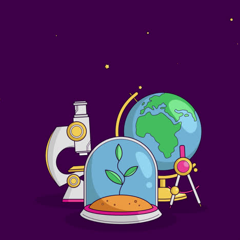 science illustration with globe, microscope, plant and compass