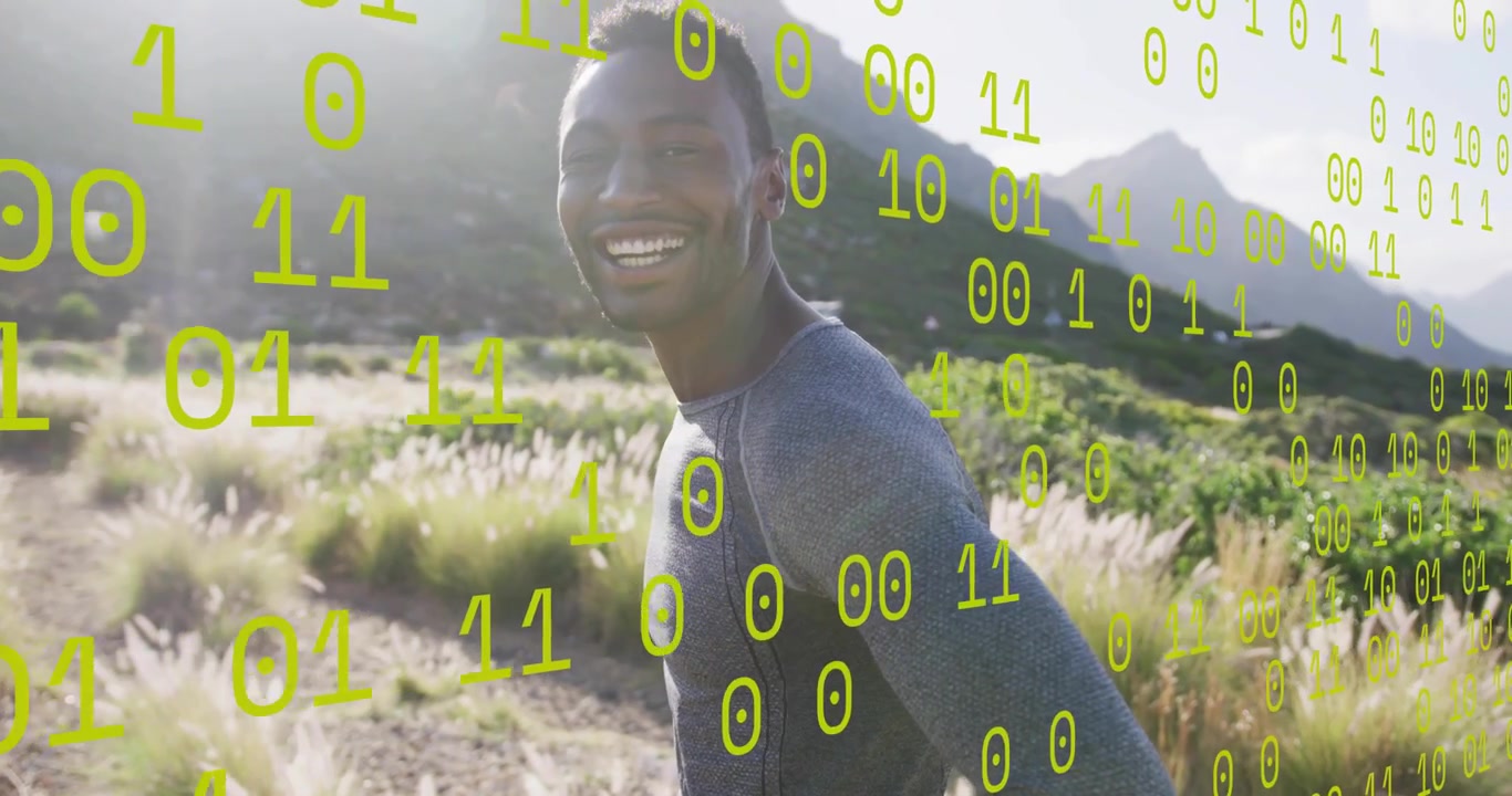 Jogger starting run on rural trail, generating animated binary code overlay tracking fitness data