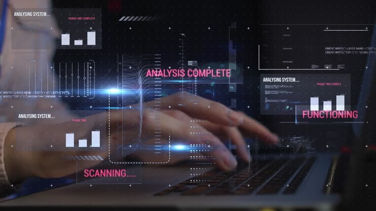 Animation of data over female it engineer using laptop by computer server