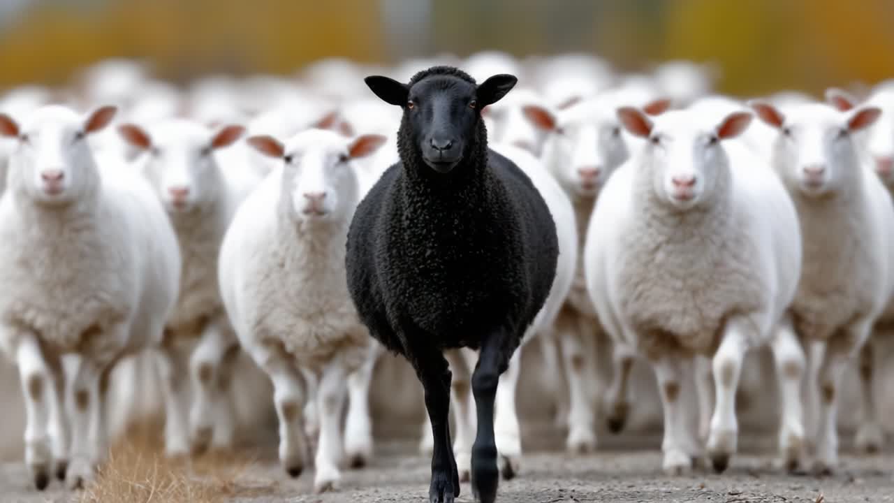 A unique black sheep stands out confidently among a herd of white sheep, symbolizing individuality and strength within a collective group on a rural landscape