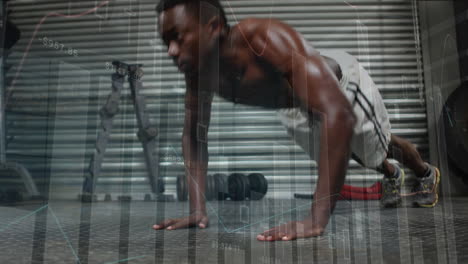 animación de estadísticas y procesamiento de datos sobre hombre afroamericano en forma haciendo ejercicios haciendo flexiones
