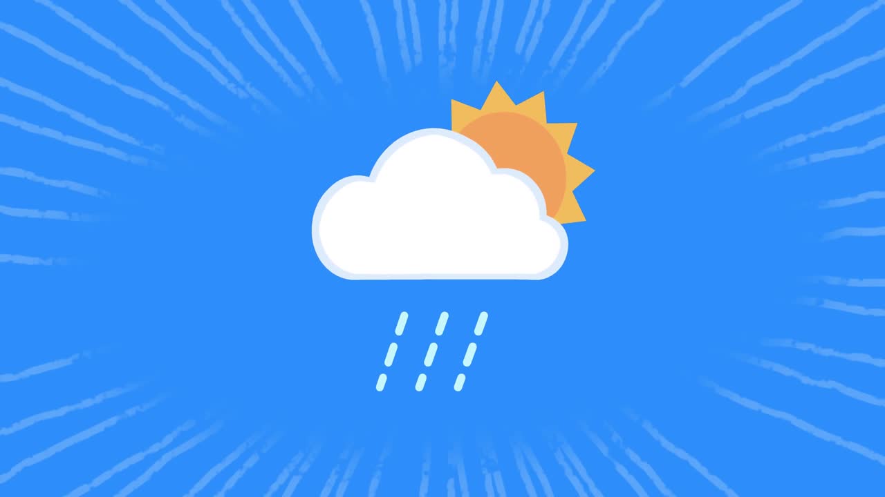 하 ⁇  줄무 ⁇  위의 구름과 함께 회전하는 태양의 애니메이션이 파란색 배경에 원활한 루프로 움직입니다.