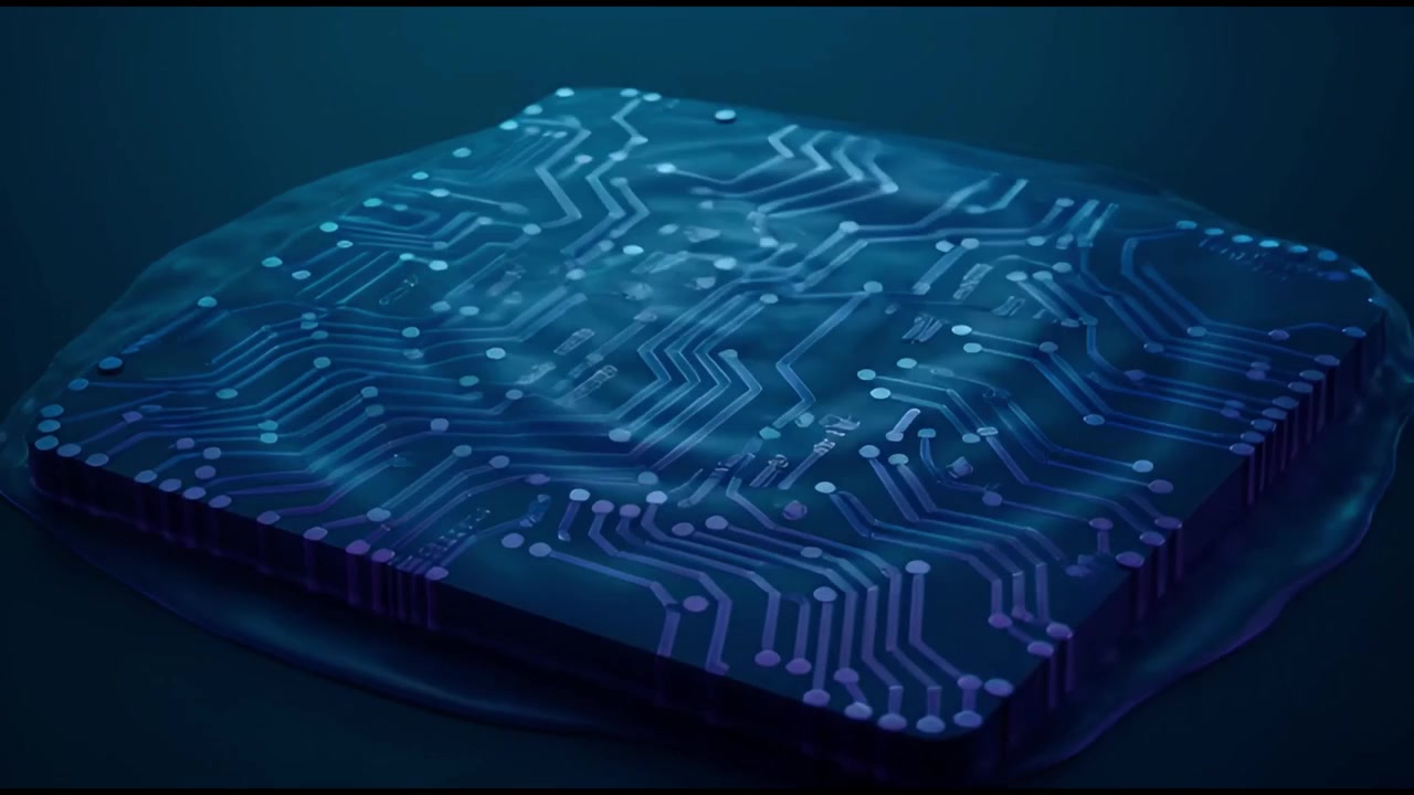 Digital Transformation: Liquid Surface Reveals Glowing Circuit Board