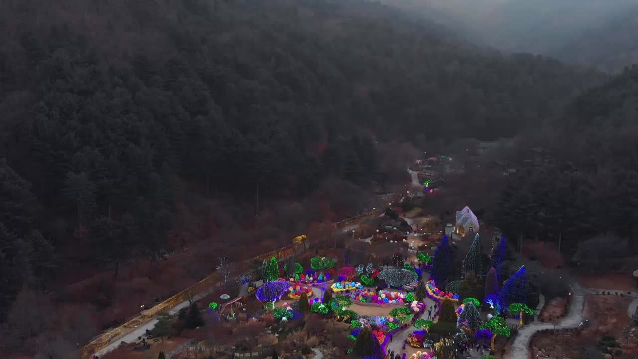 Aerial View of a Stunning Botanical Garden Decorated with Colorful Christmas Lights