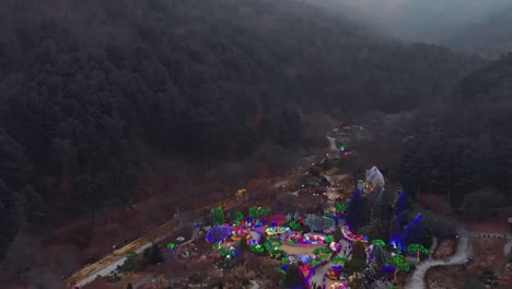 aerial view of a stunning botanical garden decorated with colorful christmas lights