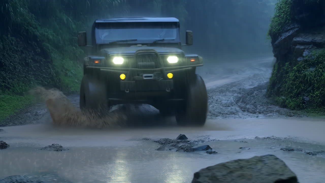 Off-road Jeep Driving Through Muddy Jungle Paths with Water Splashes