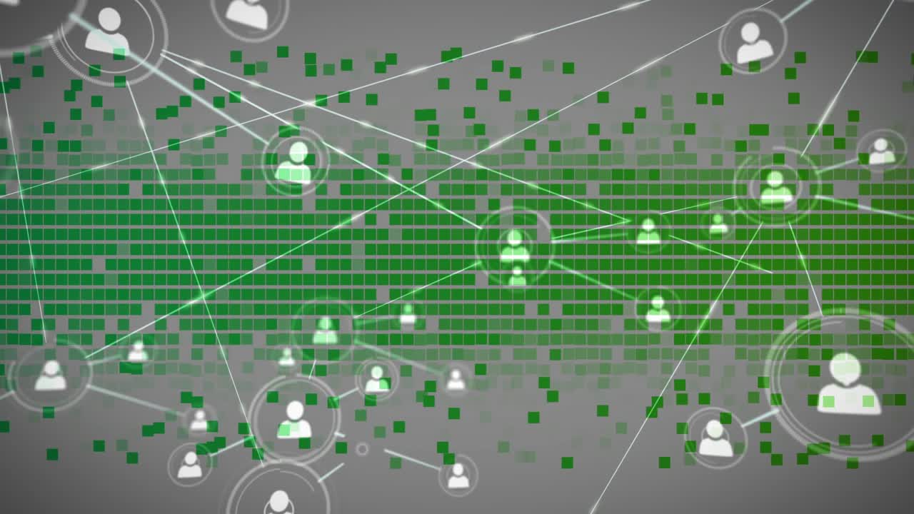 Central user node emitting white lines and spawning avatars over green grid, showing network growth