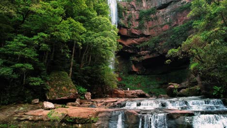 Belmore-Falls,-Australia,-Drone-Flys-from-Bottom-to-Top-of-2-Tier-Waterfall