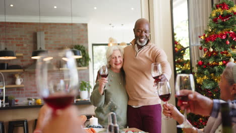 Feliz-Y-Diversa-Pareja-De-Ancianos-Y-Amigos-Haciendo-Un-Brindis-Con-Vino-En-La-Cena-De-Navidad,-Cámara-Lenta