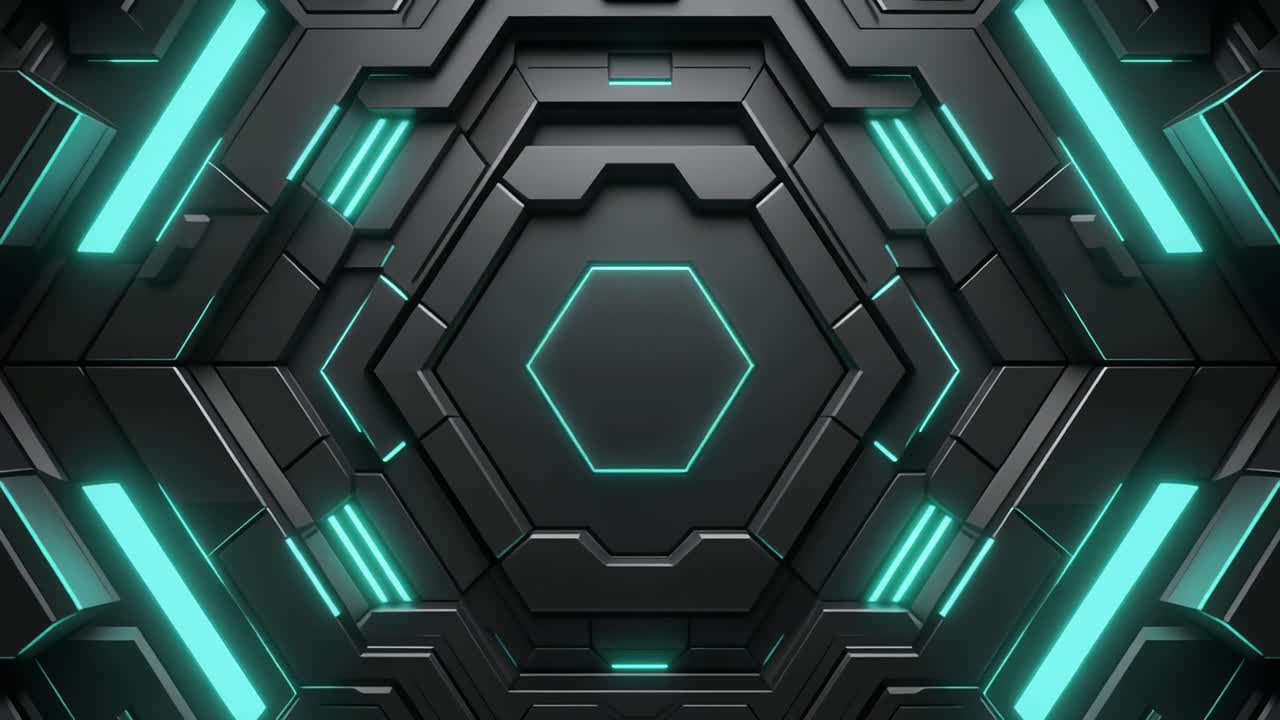 Oscuro tunnel esagonale futuristico con luci ciano luminose
